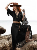 Black Fringe Wrap Dress: Boho Midi with Hand-Knotted Tassels