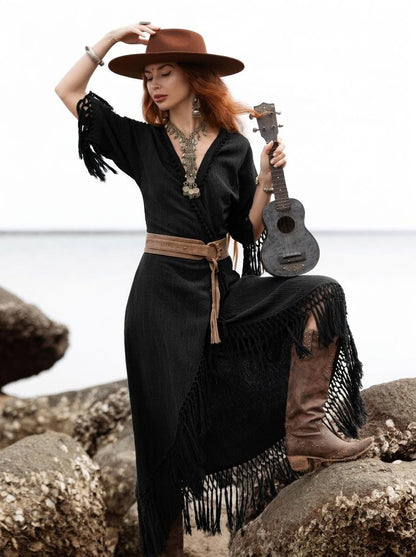 Black Fringe Wrap Dress • Handmade Organic Cotton Boho Midi Dress • Hand Dyed Tassel Dress • Witchy Festival Dress • Bali Handmade
