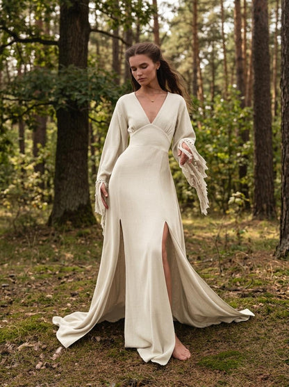 Off White Boho Wedding Dress • Backless Goddess Gown • Deep V Fringe Sleeve Maxi Dress • Natural Organic Cotton Elopement Dress