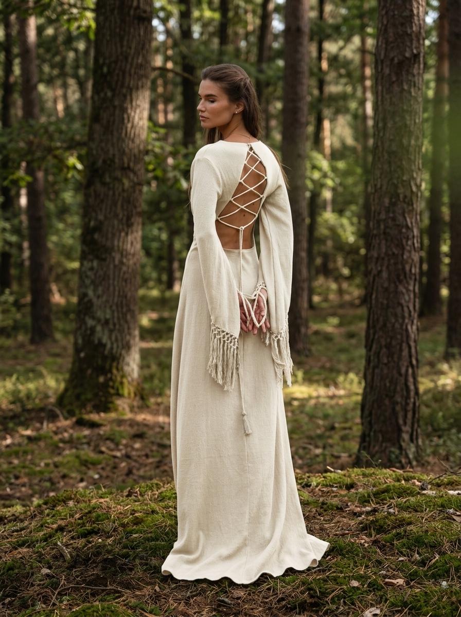 Off White Boho Wedding Dress • Backless Goddess Gown • Deep V Fringe Sleeve Maxi Dress • Natural Organic Cotton Elopement Dress
