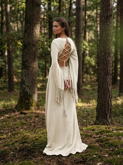 Off White Boho Wedding Dress • Backless Goddess Gown • Deep V Fringe Sleeve Maxi Dress • Natural Organic Cotton Elopement Dress