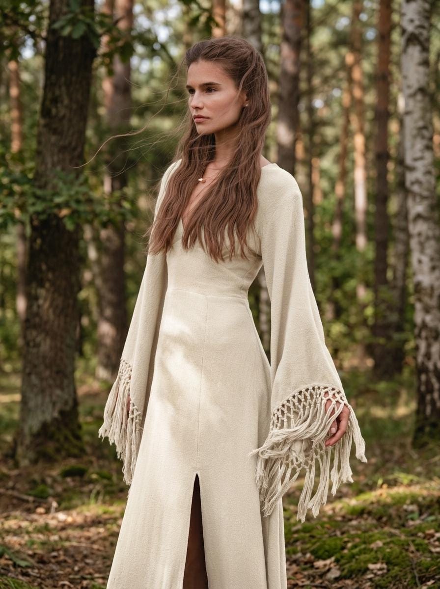 Off White Boho Wedding Dress • Backless Goddess Gown • Deep V Fringe Sleeve Maxi Dress • Natural Organic Cotton Elopement Dress