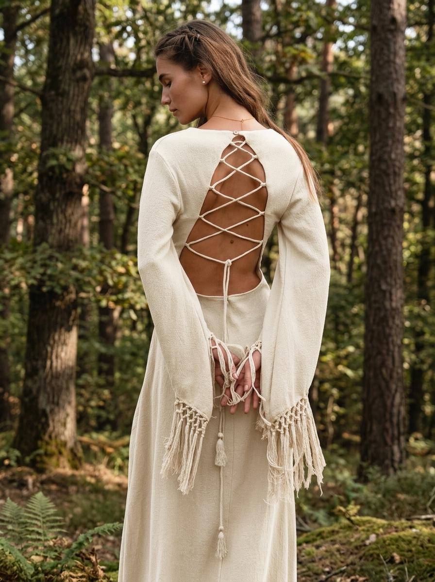 Off White Boho Wedding Dress • Backless Goddess Gown • Deep V Fringe Sleeve Maxi Dress • Natural Organic Cotton Elopement Dress