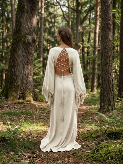 Off White Boho Wedding Dress • Backless Goddess Gown • Deep V Fringe Sleeve Maxi Dress • Natural Organic Cotton Elopement Dress