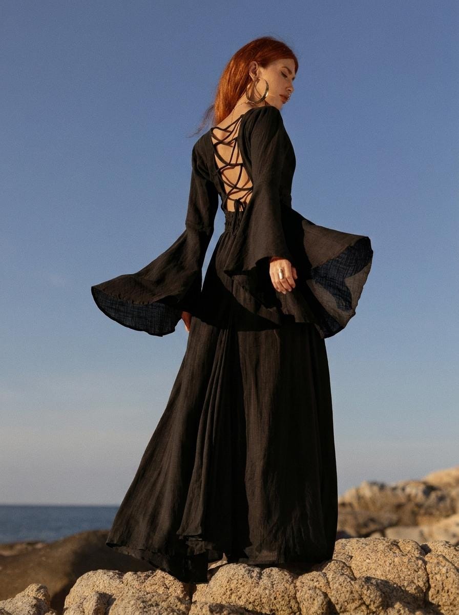 Black Elven Dress • Witchy Goddess Gown • Bell Sleeve Boho Maxi Dress • Medieval Fairy Dress • Black Prom Dress • Organic Cotton
