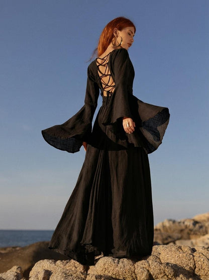 Black Elven Dress • Witchy Goddess Gown • Bell Sleeve Boho Maxi Dress • Medieval Fairy Dress • Black Prom Dress • Organic Cotton