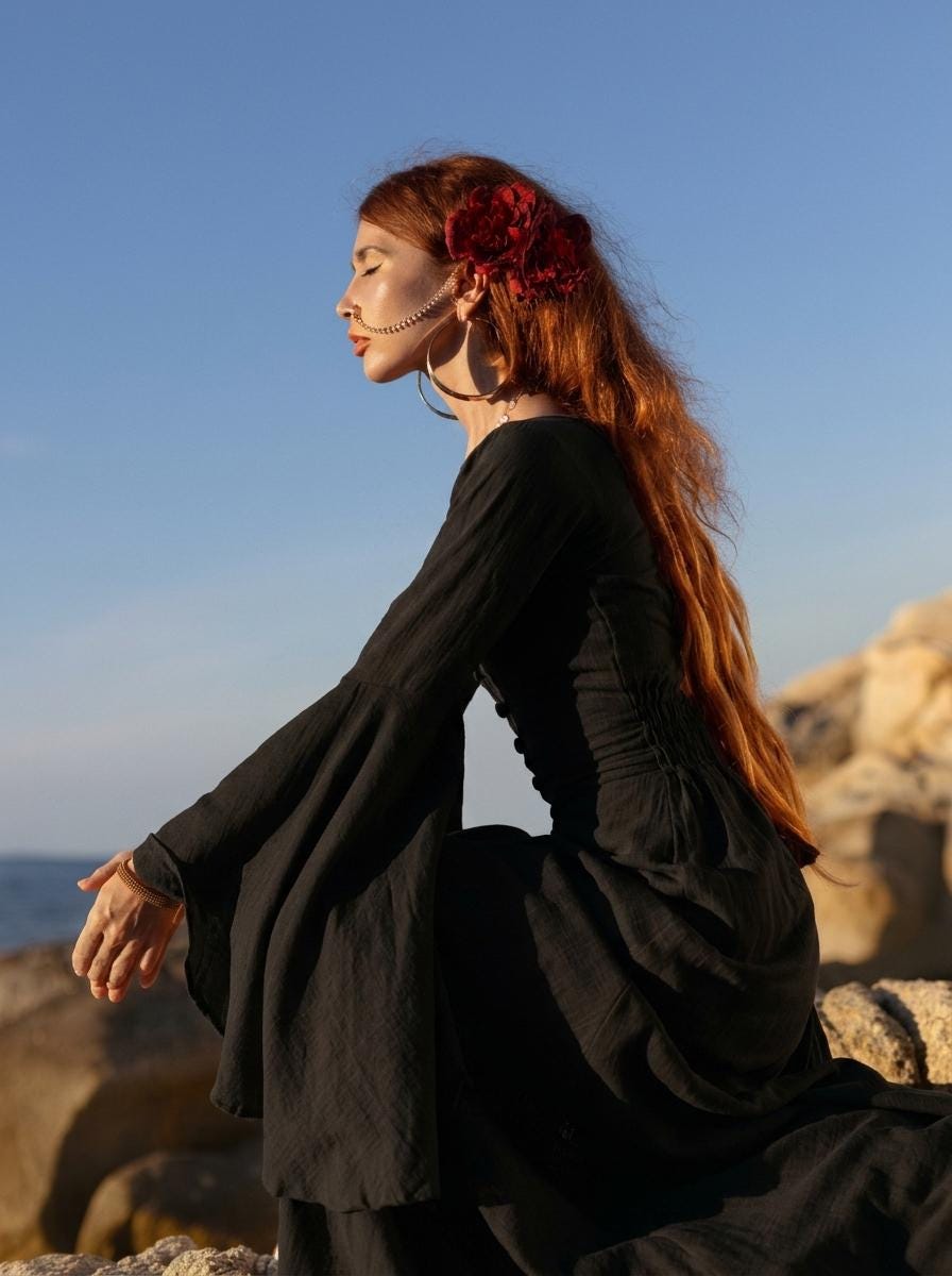 Black Elven Dress • Witchy Goddess Gown • Bell Sleeve Boho Maxi Dress • Medieval Fairy Dress • Black Prom Dress • Organic Cotton