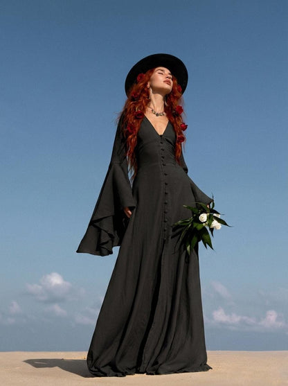 Black Elven Dress • Witchy Goddess Gown • Bell Sleeve Boho Maxi Dress • Medieval Fairy Dress • Black Prom Dress • Organic Cotton