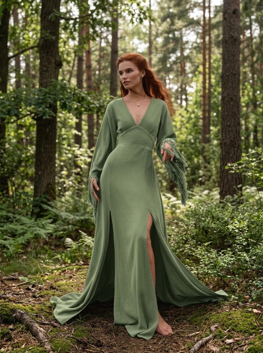 Sage green goddess maxi dress with deep V neckline, open back and fringe macrame sleeves — handmade in Bali (view 2)