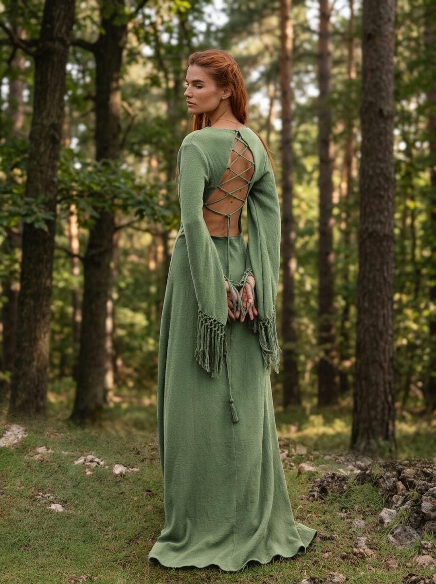 Sage green goddess maxi dress with deep V neckline, open back and fringe macrame sleeves — handmade in Bali (view 3)