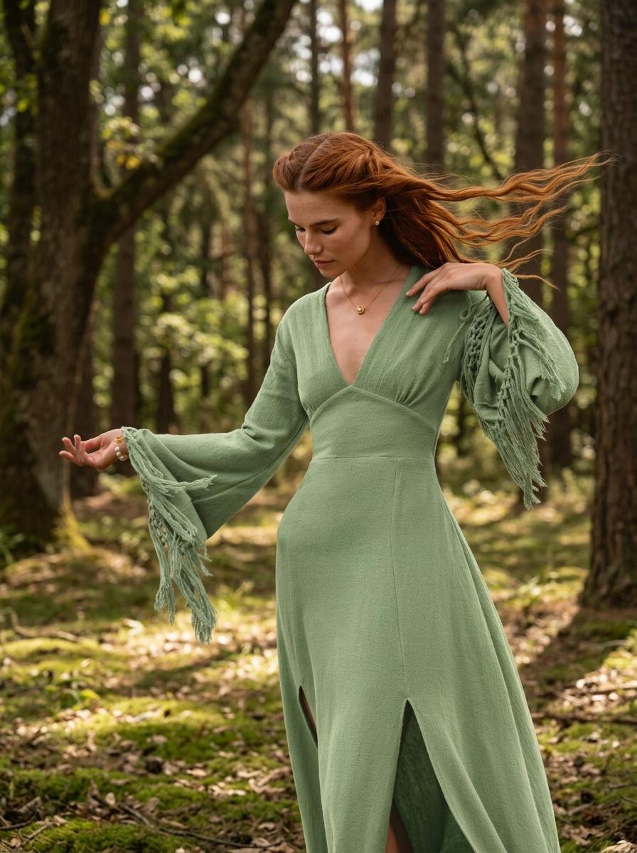 Sage green goddess maxi dress with deep V neckline, open back and fringe macrame sleeves — handmade in Bali (view 7)
