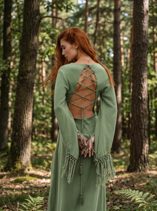Sage green goddess maxi dress with deep V neckline, open back and fringe macrame sleeves — handmade in Bali