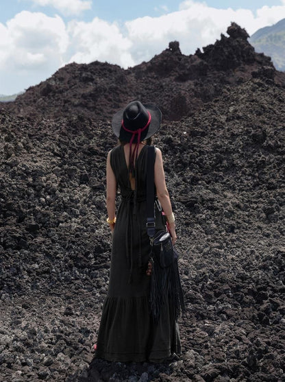 Black goddess maxi dress with deep V neckline, open back and elastic waist — handmade in Bali (view 4)