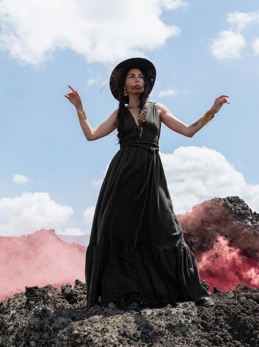 Black goddess maxi dress with deep V neckline, open back and elastic waist — handmade in Bali (view 5)