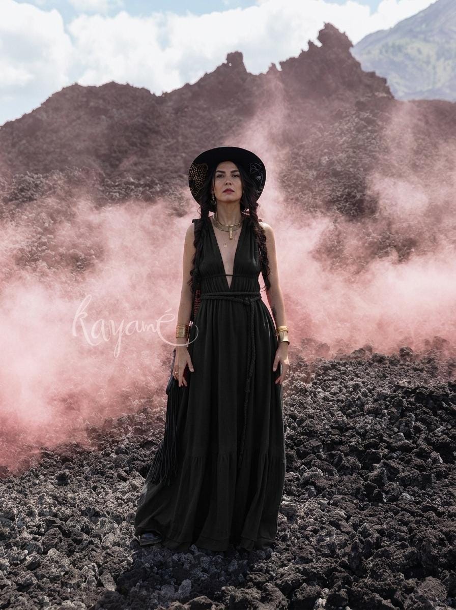 Black goddess maxi dress with deep V neckline, open back and elastic waist — handmade in Bali (view 6)