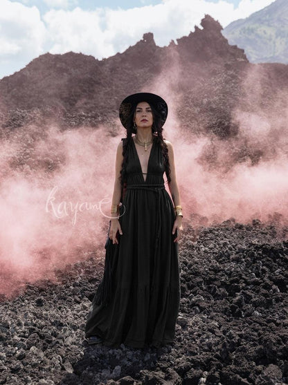 Black goddess maxi dress with deep V neckline, open back and elastic waist — handmade in Bali (view 6)