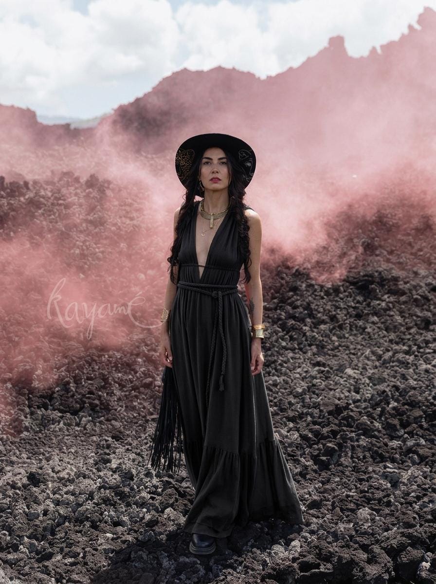 Black goddess maxi dress with deep V neckline, open back and elastic waist — handmade in Bali (view 7)
