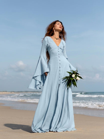Sky Blue Elven Dress: Bell Sleeve Boho Fairy Gown