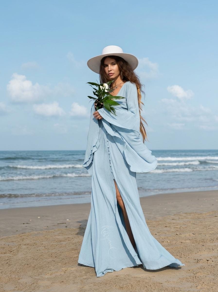 Sky Blue Elven Dress: Bell Sleeve Boho Fairy Gown