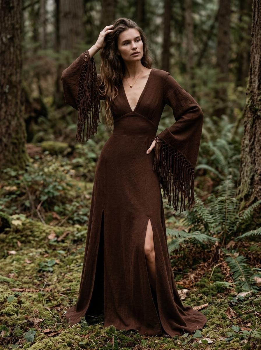Chocolate brown goddess maxi dress with deep V neckline, open back and fringe macrame sleeves — handmade in Bali (view 2)