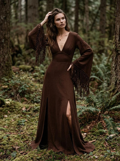 Chocolate brown goddess maxi dress with deep V neckline, open back and fringe macrame sleeves — handmade in Bali (view 2)