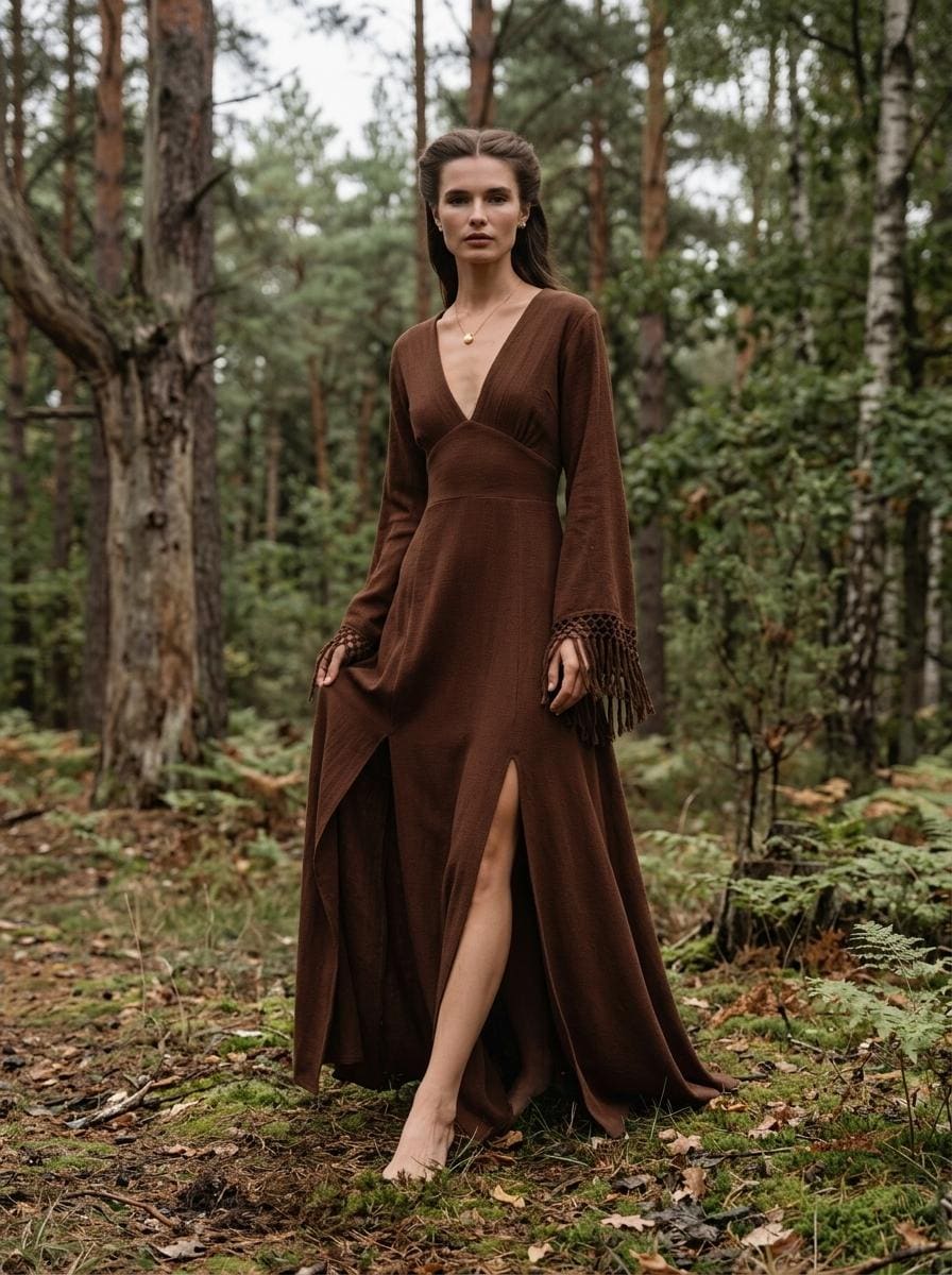 Chocolate brown goddess maxi dress with deep V neckline, open back and fringe macrame sleeves — handmade in Bali (view 5)
