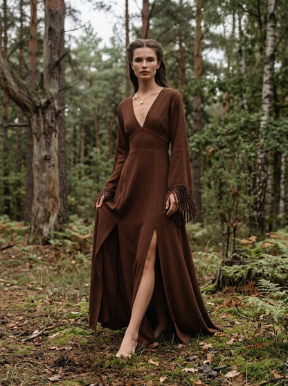 Chocolate brown goddess maxi dress with deep V neckline, open back and fringe macrame sleeves — handmade in Bali (view 5)