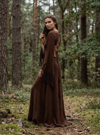 Chocolate brown goddess maxi dress with deep V neckline, open back and fringe macrame sleeves — handmade in Bali (view 6)