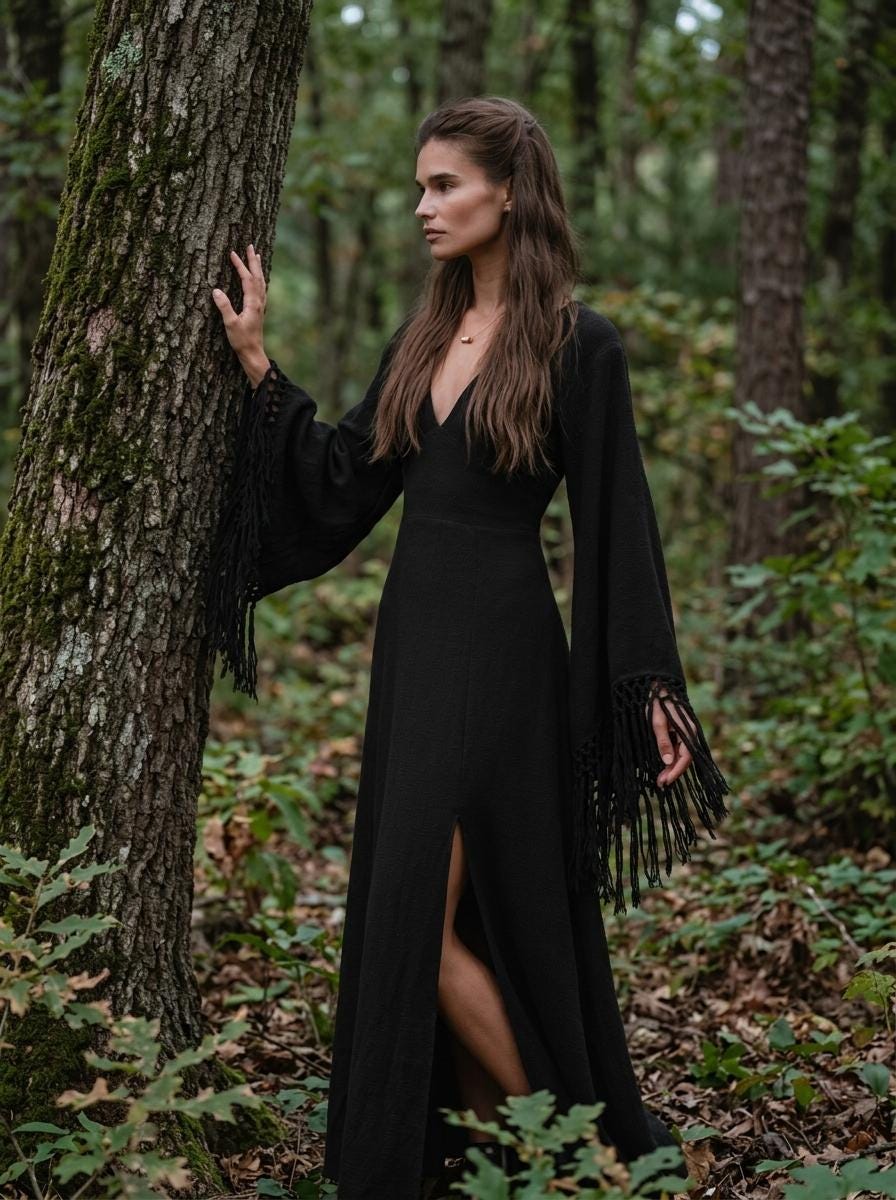 Black goddess maxi dress with fringe macrame sleeves, deep V neckline and open back — handmade in Bali (view 2)