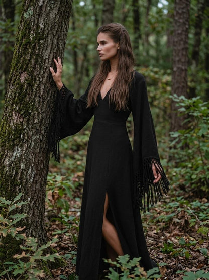 Black goddess maxi dress with fringe macrame sleeves, deep V neckline and open back — handmade in Bali (view 2)