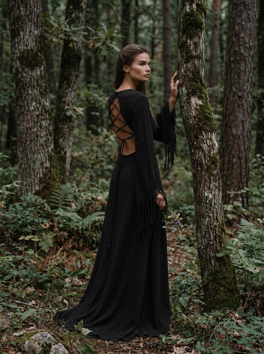 Black goddess maxi dress with fringe macrame sleeves, deep V neckline and open back — handmade in Bali (view 6)