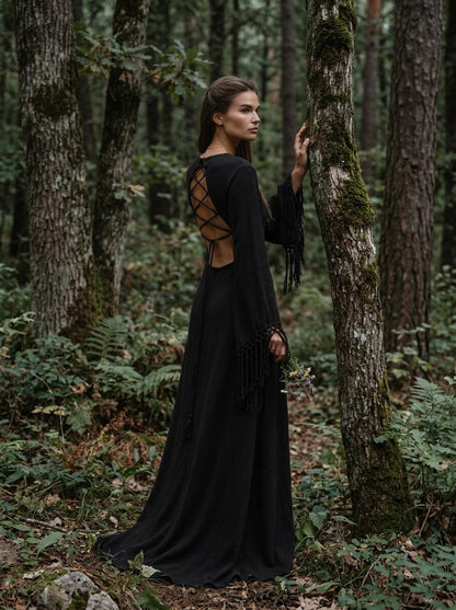 Black goddess maxi dress with fringe macrame sleeves, deep V neckline and open back — handmade in Bali (view 6)