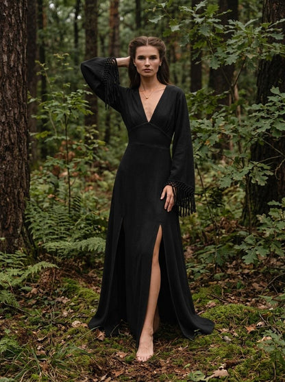 Black goddess maxi dress with fringe macrame sleeves, deep V neckline and open back — handmade in Bali (view 4)