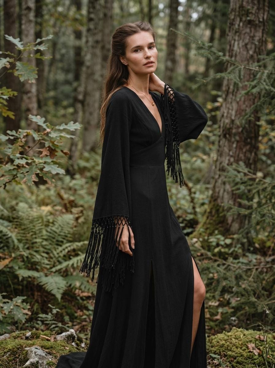 Black goddess maxi dress with fringe macrame sleeves, deep V neckline and open back — handmade in Bali (view 10)