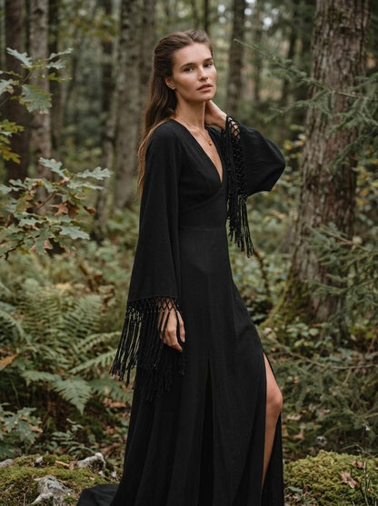 Black goddess maxi dress with fringe macrame sleeves, deep V neckline and open back — handmade in Bali (view 10)