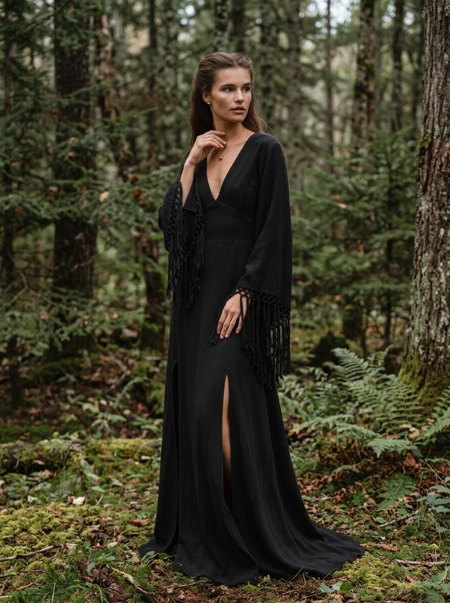 Black goddess maxi dress with fringe macrame sleeves, deep V neckline and open back — handmade in Bali (view 3)