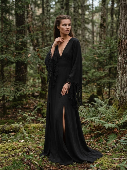 Black goddess maxi dress with fringe macrame sleeves, deep V neckline and open back — handmade in Bali (view 3)