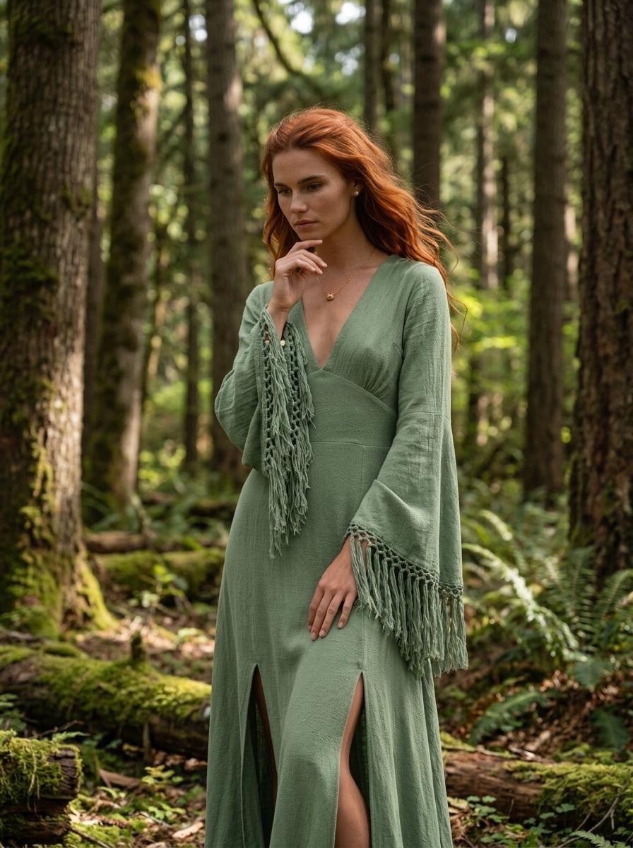 Sage green goddess maxi dress with deep V neckline, open back and fringe macrame sleeves — handmade in Bali (view 4)