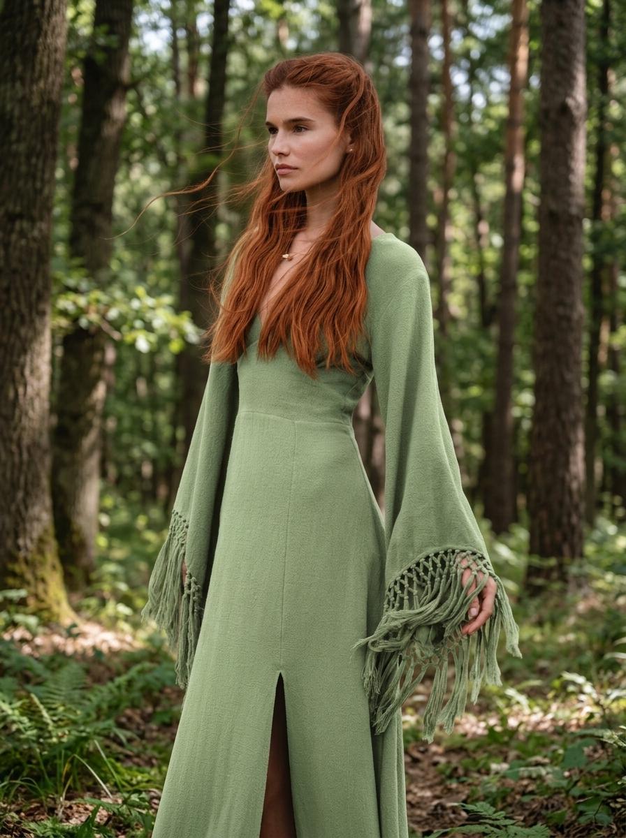 Sage green goddess maxi dress with deep V neckline, open back and fringe macrame sleeves — handmade in Bali (view 5)