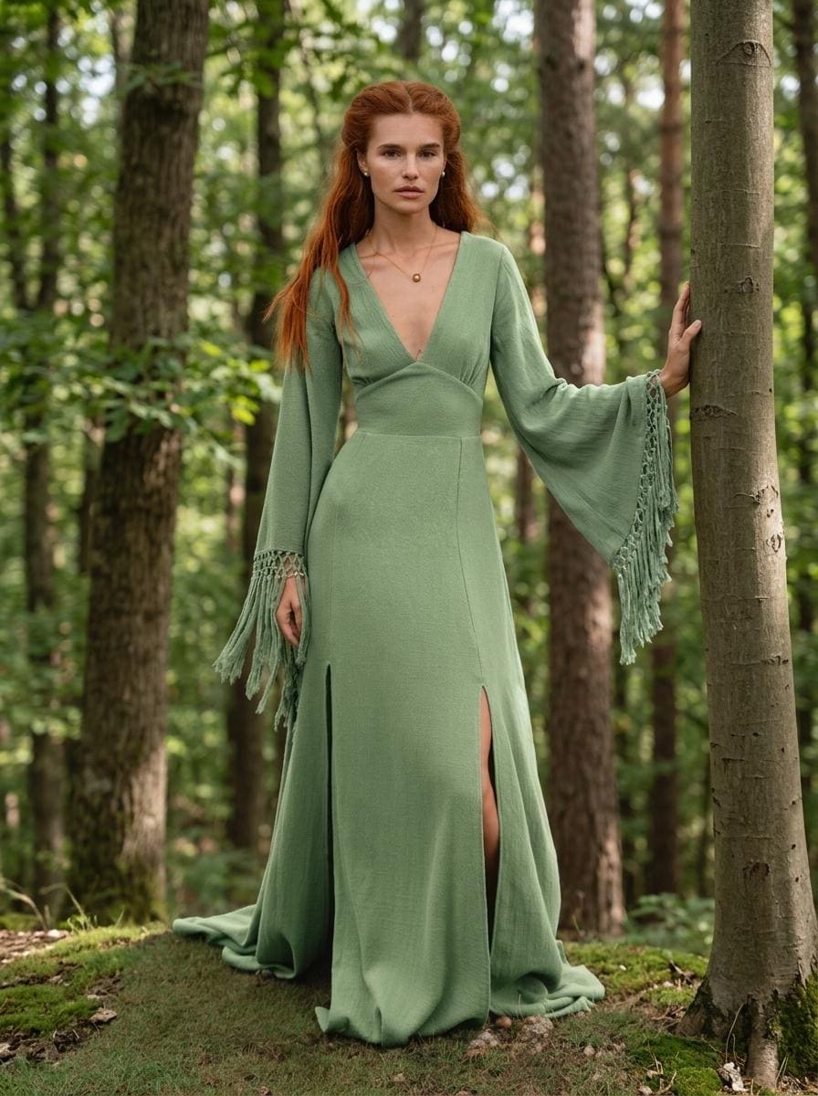 Sage green goddess maxi dress with deep V neckline, open back and fringe macrame sleeves — handmade in Bali (view 6)