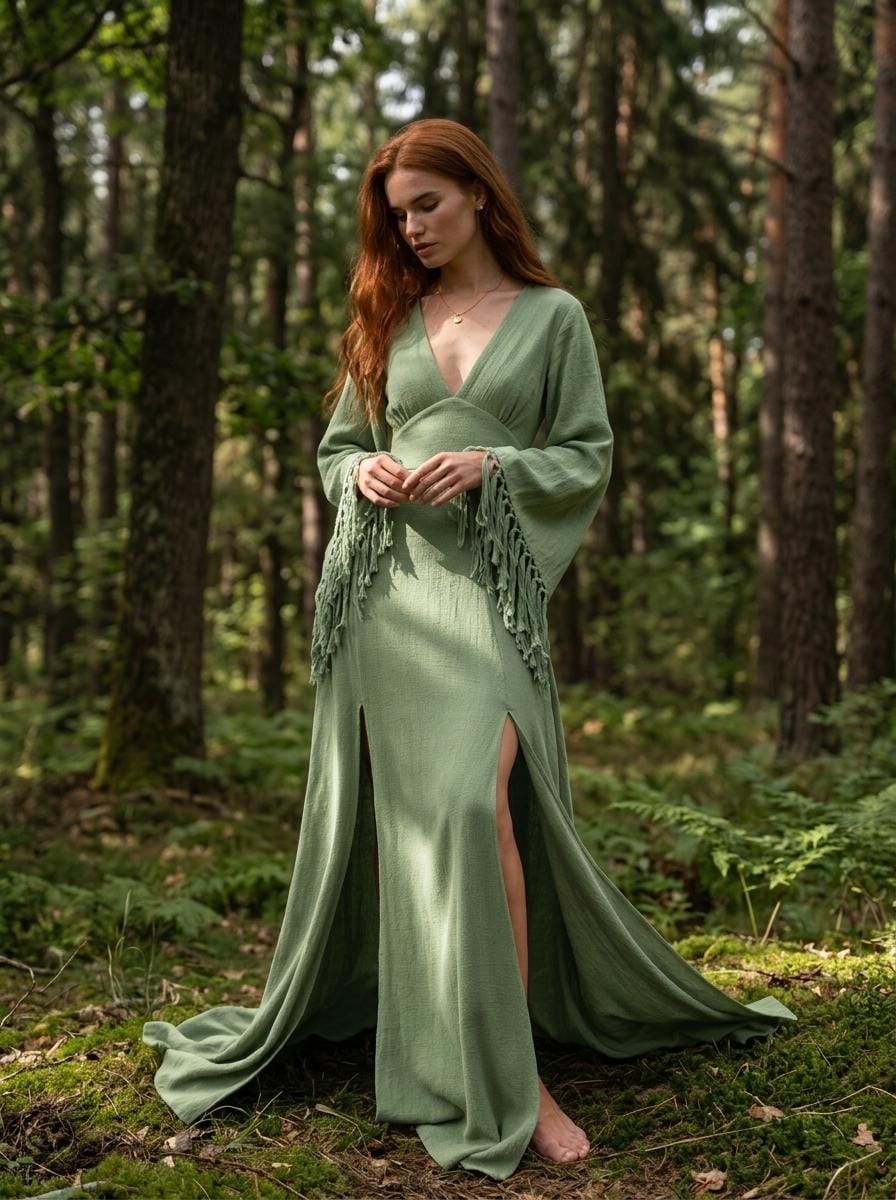 Sage green goddess maxi dress with deep V neckline, open back and fringe macrame sleeves — handmade in Bali (view 8)
