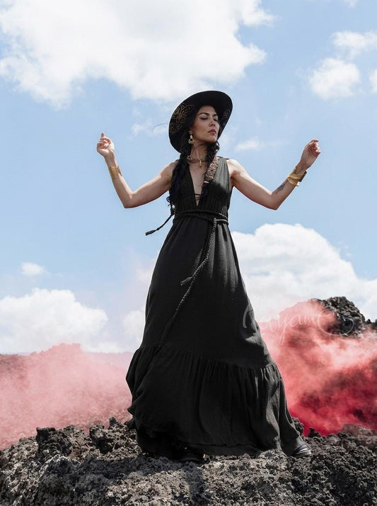 Black goddess maxi dress with deep V neckline, open back and elastic waist — handmade in Bali