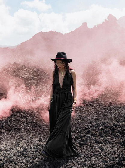 Black goddess maxi dress with deep V neckline, open back and elastic waist — handmade in Bali (view 3)