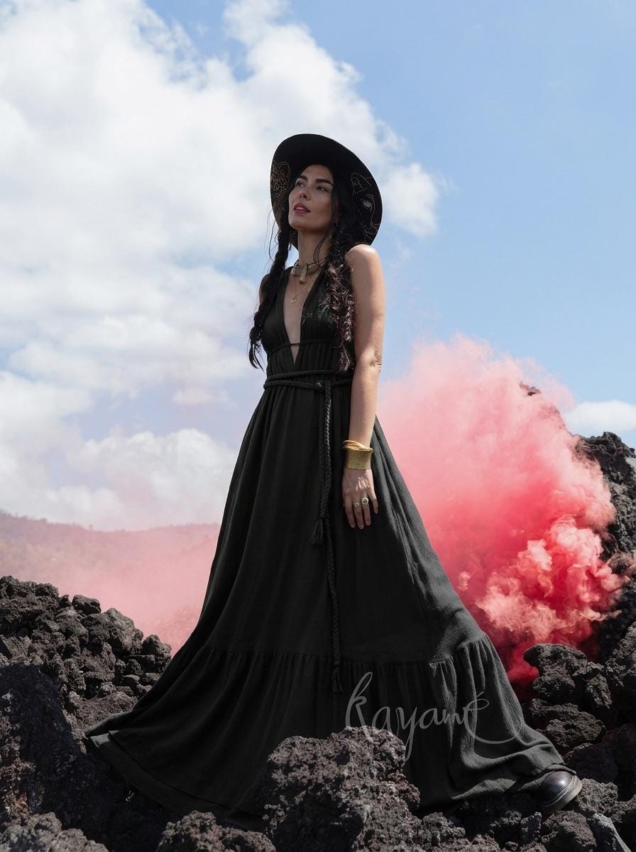 Black goddess maxi dress with deep V neckline, open back and elastic waist — handmade in Bali (view 2)