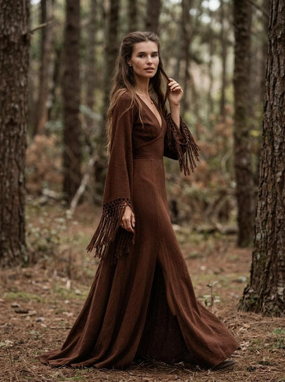 Chocolate brown goddess maxi dress with deep V neckline, open back and fringe macrame sleeves — handmade in Bali (view 4)
