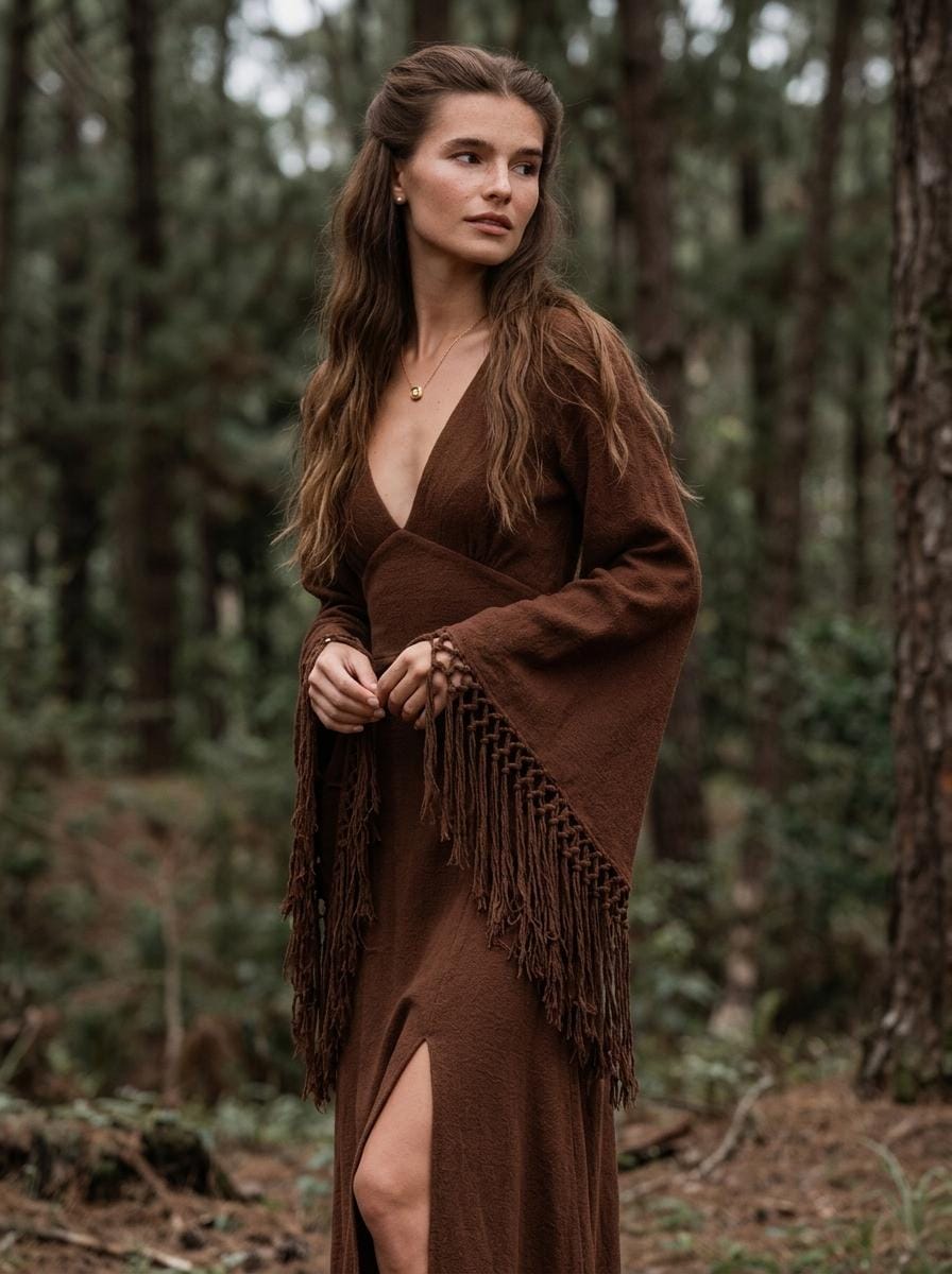 Chocolate brown goddess maxi dress with deep V neckline, open back and fringe macrame sleeves — handmade in Bali (view 7)