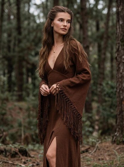 Chocolate brown goddess maxi dress with deep V neckline, open back and fringe macrame sleeves — handmade in Bali (view 7)