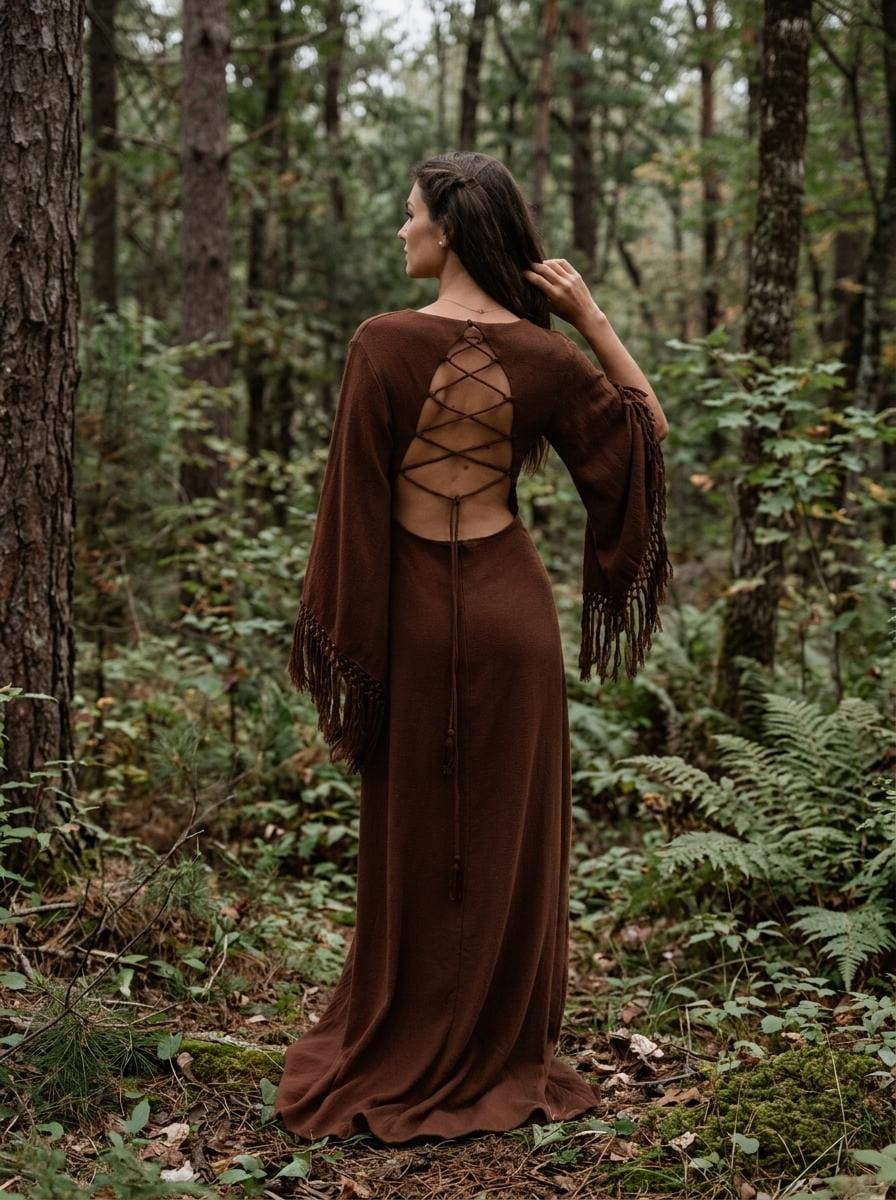 Chocolate brown goddess maxi dress with deep V neckline, open back and fringe macrame sleeves — handmade in Bali (view 3)