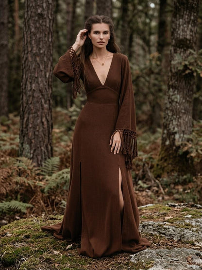 Chocolate brown goddess maxi dress with deep V neckline, open back and fringe macrame sleeves — handmade in Bali (view 8)