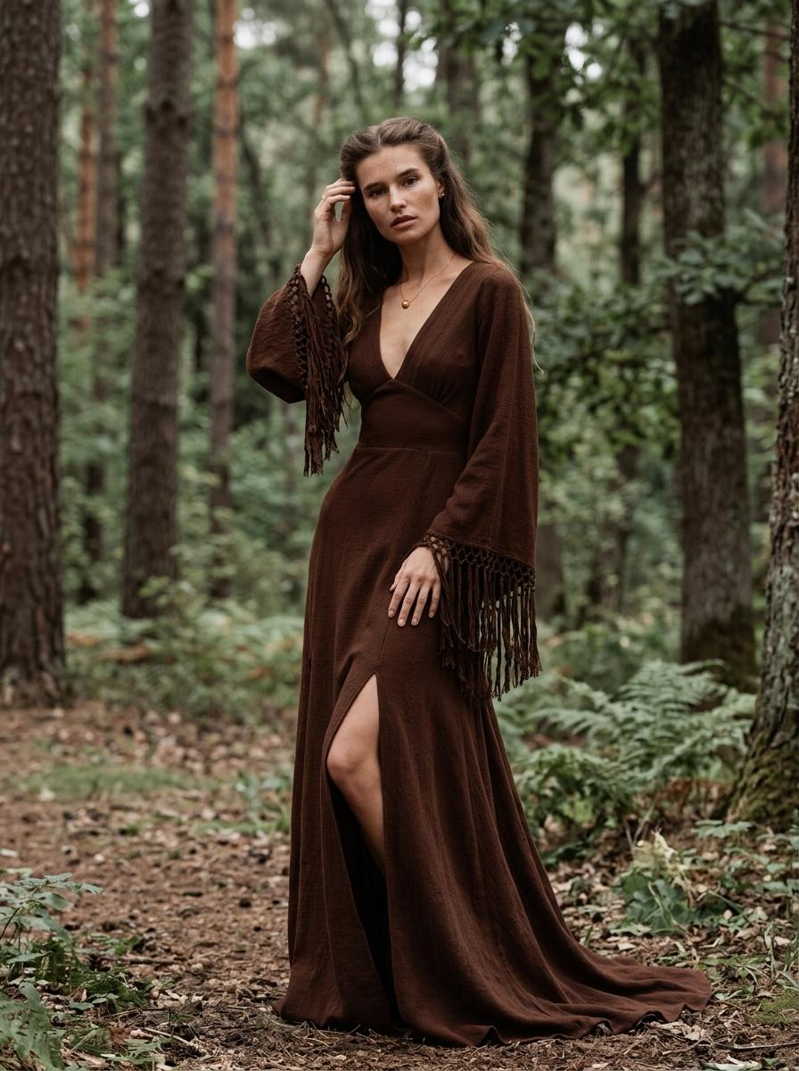 Chocolate brown goddess maxi dress with deep V neckline, open back and fringe macrame sleeves — handmade in Bali